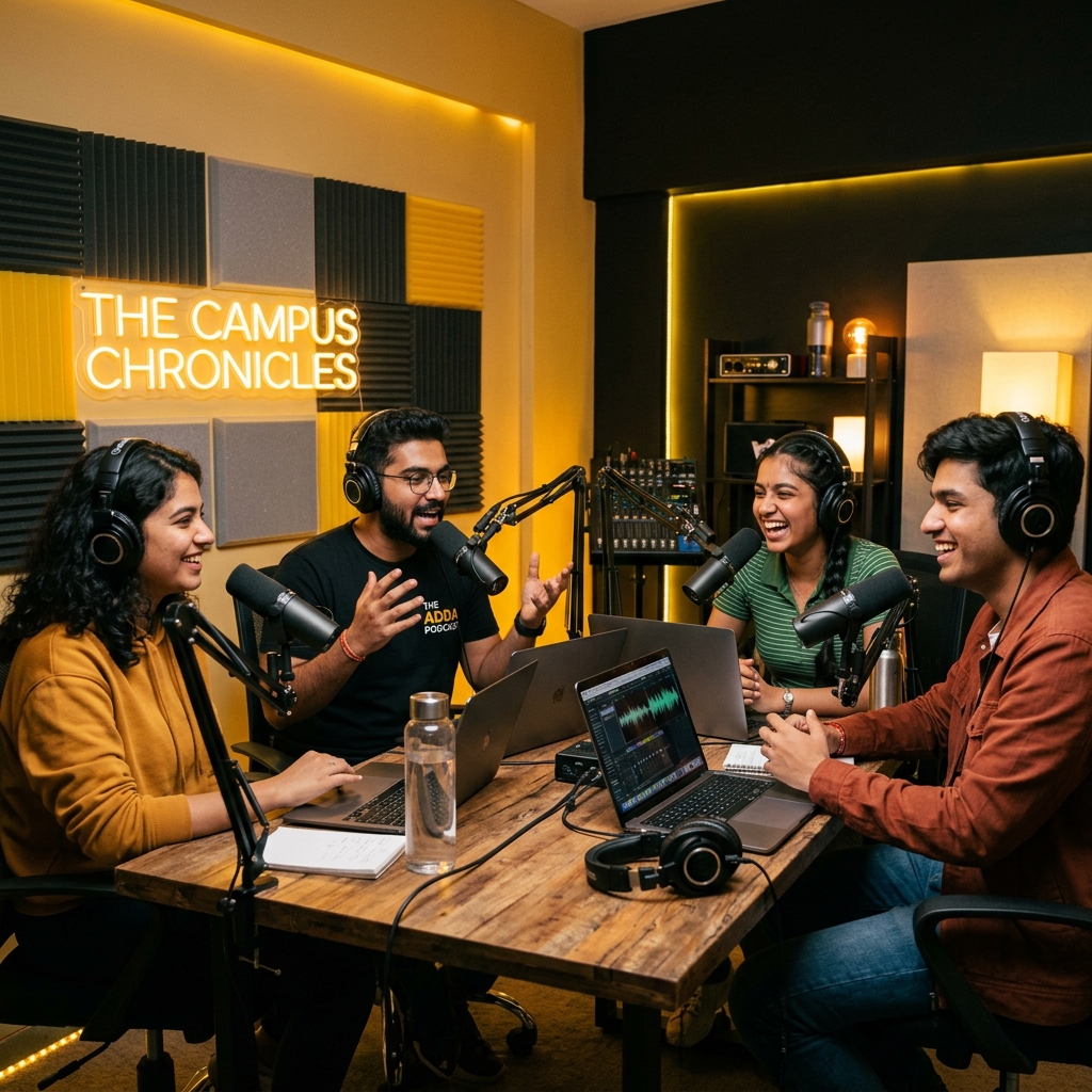 Students in podcast studio